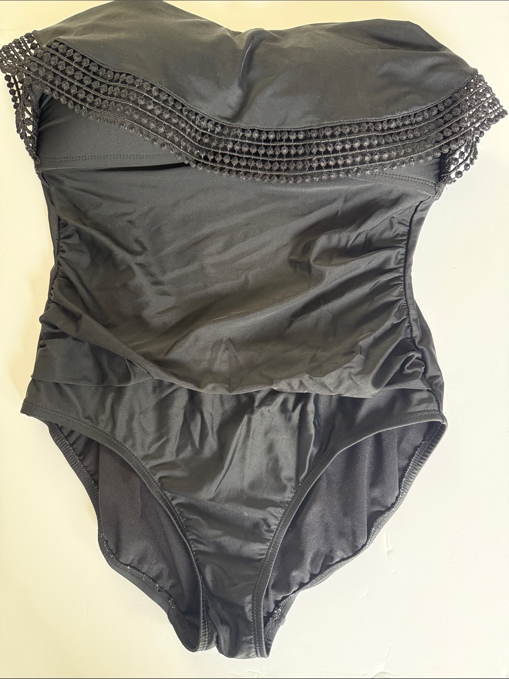 Kona Sol Black Strapless One-Piece Swimsuit with Crochet Trim